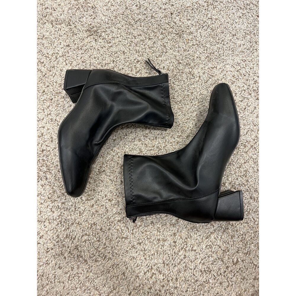 Black Faux Leather Square-Toe Stretch Ankle Boots - Size 39